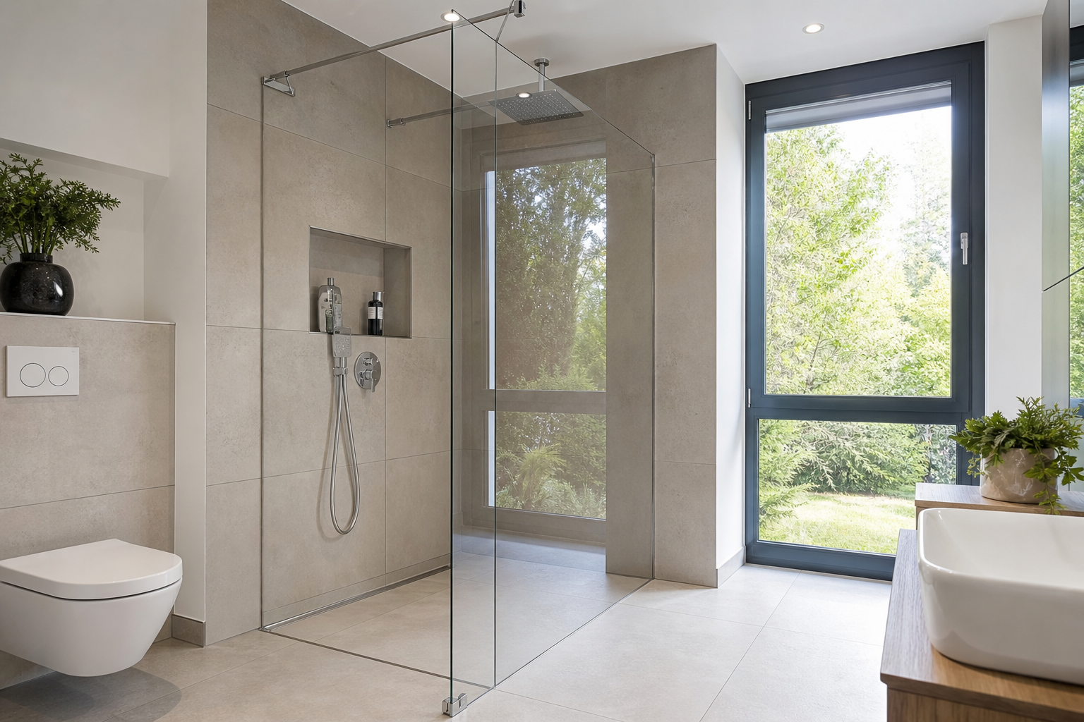 Helles modernes Bad mit begehbarer Glasdusche aus klarem Sicherheitsglas