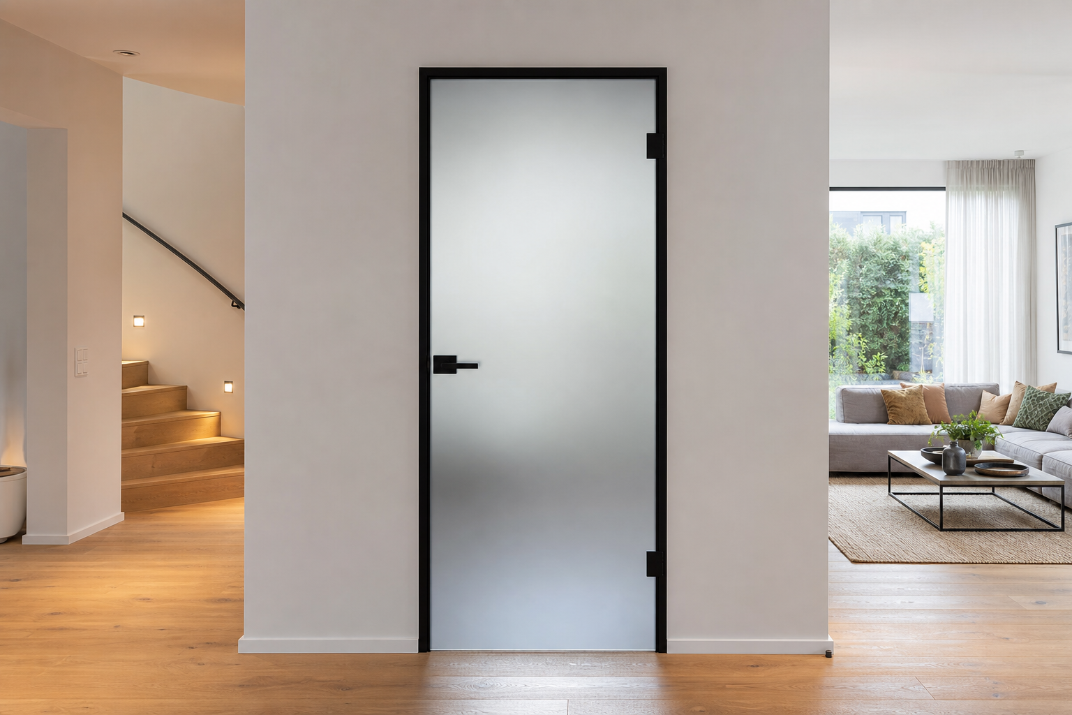 Moderne Ganzglastür mit satiniertem Glas in hellem Wohnraum