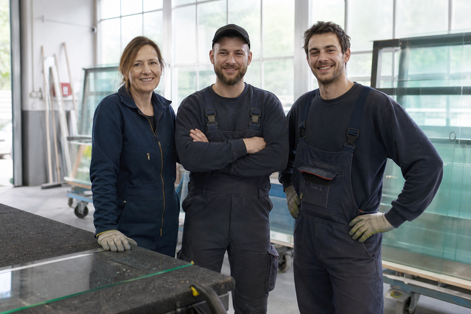 Das Team der Glaserei Exner — Inhaberin und zwei Glaser in der Werkstatt in Newel